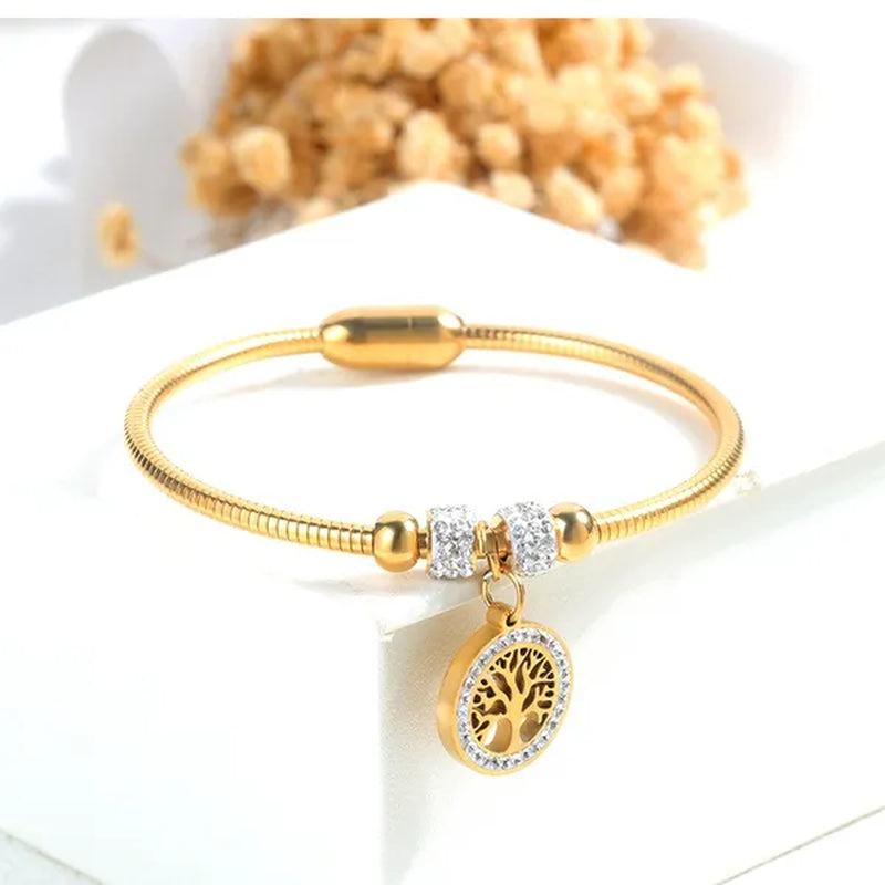 Gold Plated Tree of Life Bangle Bracelet Women Stainless Steel Family Tree Charm Bracelets with AAA Rhinestones & Magnetic Buckle