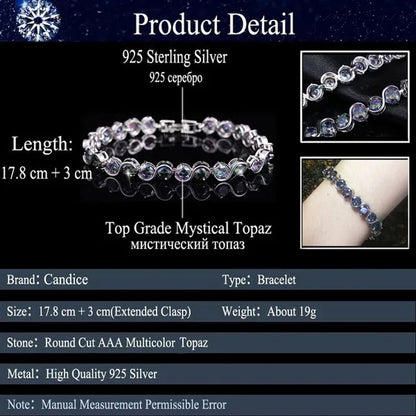 CANDICE Amazing S Shaped with round Genuine Mystic Rainbow Crystal Stone Women Bracelet Solid Sterling Silver Plated