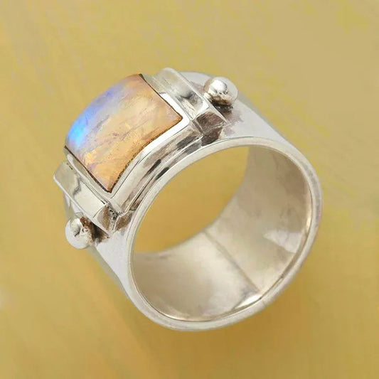 American Europe Women'S Fashion Jewelry Antique 925 Sterling Silver Natural Gem Moonstone Ring Ladies Engagement Wedding Anniversary Ring for Mom Wife Girlfriend Birthday Gift Jewelry Size US4-11