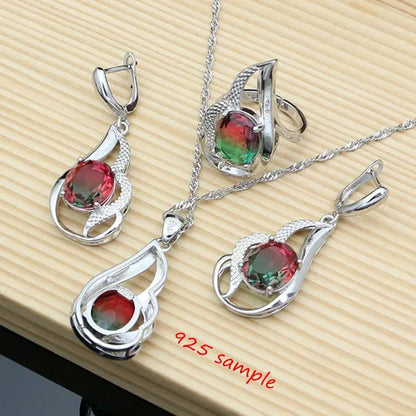 925 Silver Jewelry Sets for Women Rainbow Tourmaline  Wedding Necklace Earrings Open Ring