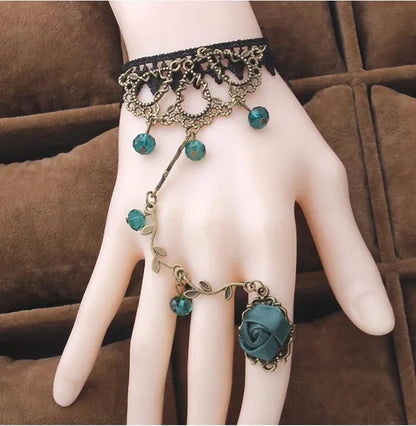 Victorian Style Black Lace Floral Rose Flower Link Chain Slave Bracelet Ring Set Goth