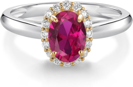 Halo Engagement Ring for Women in 10K White and Yellow Gold with 7X5MM Oval Gemstone Birthstone and White Lab Grown Diamond | Available in Size 5, 6, 7, 8, 9