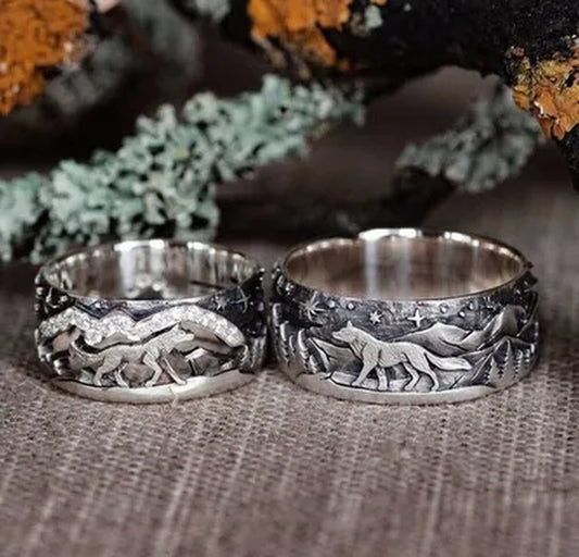 Hannah Martin Couple Rings 925 Sterling Silver Mens Womens Fashion Jewelry Accessories Vintage Silver Ring Wolf in Forest Hip Hop Punk Rings for Women Men Viking Wolf Rings Size 5-13