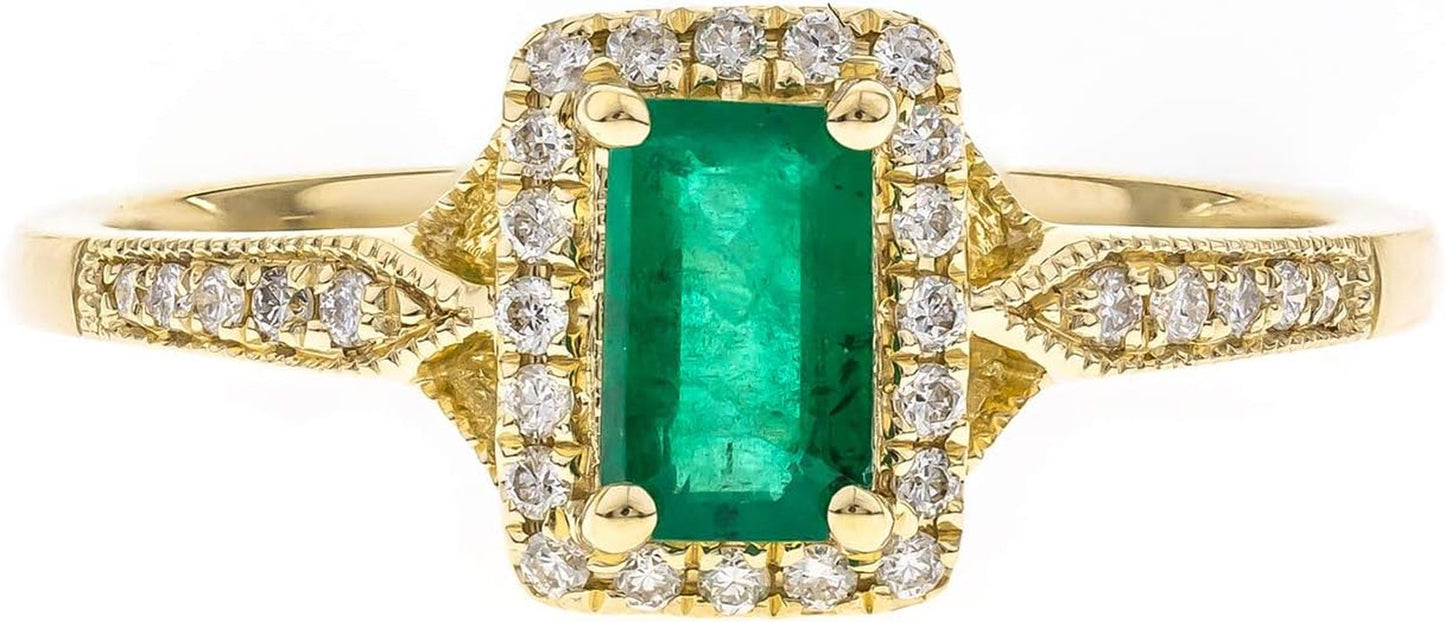10K Yellow Gold Natural Zambian Emerald Ring with Natural Diamonds for Women | Ethically, Authentically & Organically Sourced Emerald-Shape Emerald Hand-Crafted Jewelry for Her | Emerald Ring for Women