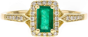 10K Yellow Gold Natural Zambian Emerald Ring with Natural Diamonds for Women | Ethically, Authentically & Organically Sourced Emerald-Shape Emerald Hand-Crafted Jewelry for Her | Emerald Ring for Women