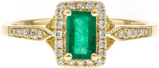 10K Yellow Gold Natural Zambian Emerald Ring with Natural Diamonds for Women | Ethically, Authentically & Organically Sourced Emerald-Shape Emerald Hand-Crafted Jewelry for Her | Emerald Ring for Women