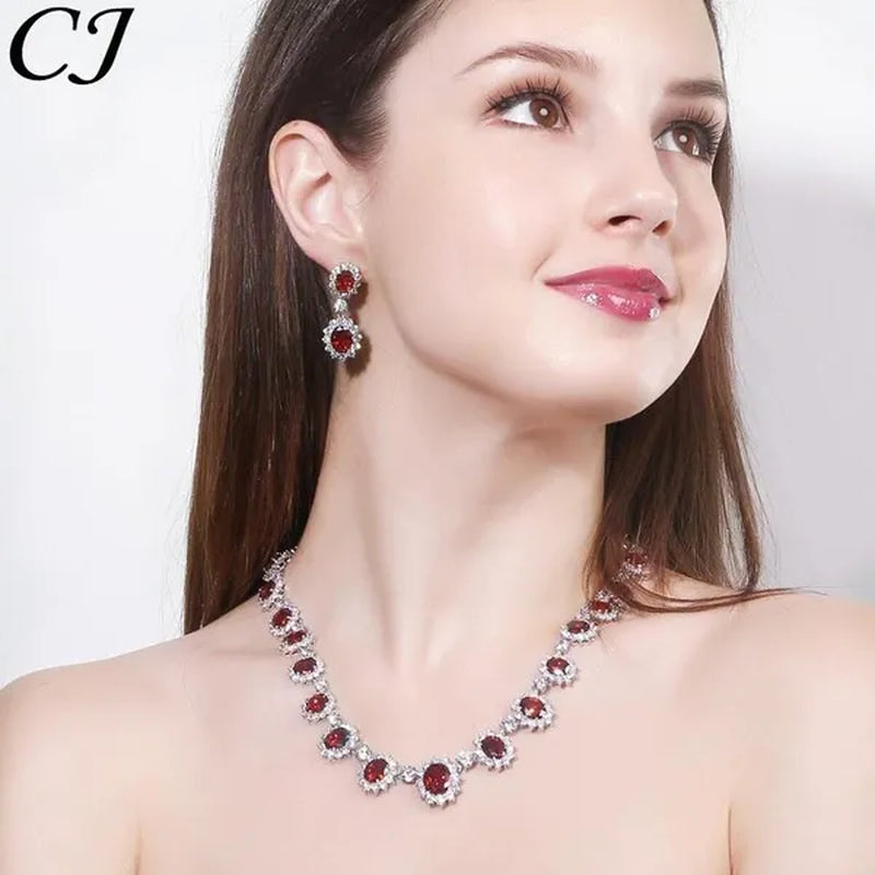CANDICE Elegant Red Wedding Jewelry Set Micro CZ Stone Paved Oval Crystal Drop Earrings Bracelet and Necklace Sets for Bride