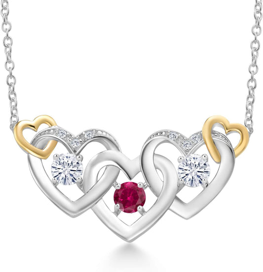 925 Silver and 10K Yellow Gold Red Created Ruby White Moissanite and White Lab Grown Diamond Heart Shape Pendant Necklace for Women (0.77 Cttw, with 18 Inch Chain)