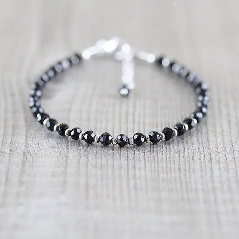 Black Spinel, Sterling & Karen Hill Tribe Silver Bracelet Boho Beaded Gemstone Bracelet Dainty Stacking Bracelet - WORLD TIME VISITS