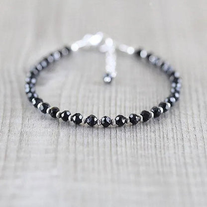 Black Spinel, Sterling & Karen Hill Tribe Silver Bracelet Boho Beaded Gemstone Bracelet Dainty Stacking Bracelet - WORLD TIME VISITS