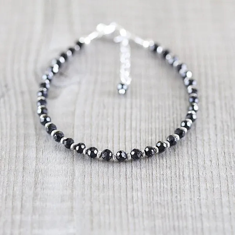 Black Spinel, Sterling & Karen Hill Tribe Silver Bracelet Boho Beaded Gemstone Bracelet Dainty Stacking Bracelet