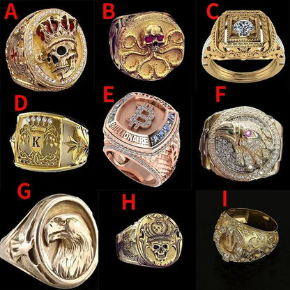 New Fashion Domineering Men's 18K Gold Ring Natural Sapphire Men's Diamond Ring Hand-carved Gold Skull Sea Monster Male Ring Men's Birthday Gift Party Jewelry Size 5-14