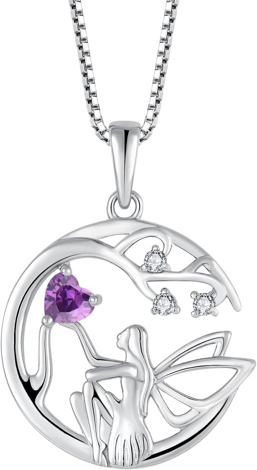 Guardian Angel Necklace for Women 925 Sterling Silver Tree of Life Necklace Birthstone Created Gemstone Pendant Jewelry Gifts for Women