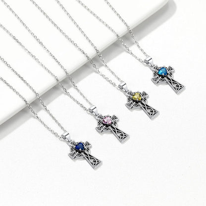 Vintage 925 Sterling Silver Celtic Cross/Triquetra Necklace with 12 Month Heart Gemstone, Dainty Heart Birthstone Necklace Faith Irish Amulet Lucky Jewelry Birthday Gift for Women Girls…