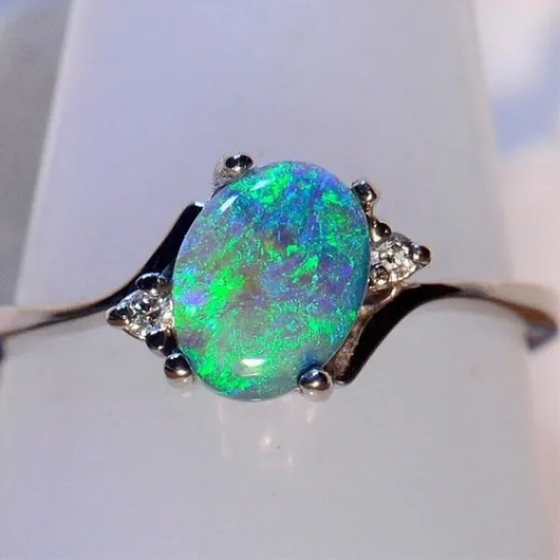 Hannah Martin Exquisite 925 Solid Sterling Silver Natural Gemstone Genuine Orange and Blue Multicolor Opal Diamond Ring Bride Wedding Engagement Fine Jewelry