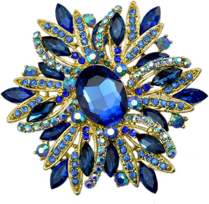 3.5" Huge Big Large Brooch Pendant Scarf Hats Decoration Blue Flower Pin Gold Tone