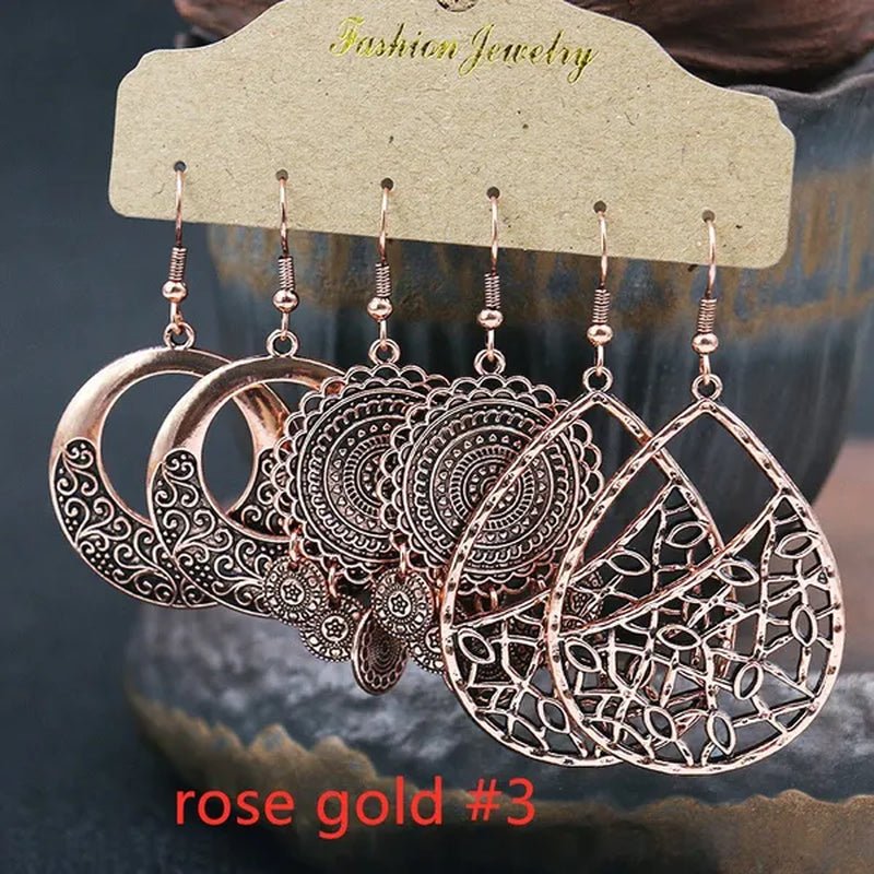 3 Pairs Women's Fashion Jewelry Vintage Bohemian Ethnic Carved Dangle Earrings for Women Charm Geometry Leaves Hoop Earring Wedding Engagement Party Banquet Earrings - WORLD TIME VISITS