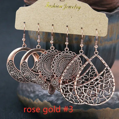 3 Pairs Women's Fashion Jewelry Vintage Bohemian Ethnic Carved Dangle Earrings for Women Charm Geometry Leaves Hoop Earring Wedding Engagement Party Banquet Earrings - WORLD TIME VISITS