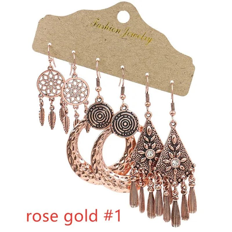 3 Pairs Women's Fashion Jewelry Vintage Bohemian Ethnic Carved Dangle Earrings for Women Charm Geometry Leaves Hoop Earring Wedding Engagement Party Banquet Earrings - WORLD TIME VISITS