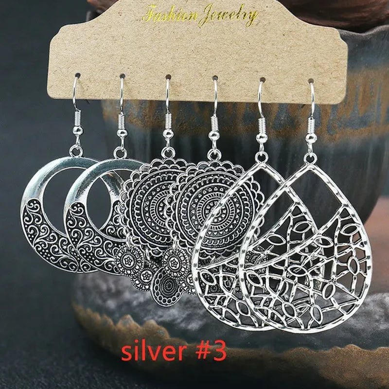 3 Pairs Women's Fashion Jewelry Vintage Bohemian Ethnic Carved Dangle Earrings for Women Charm Geometry Leaves Hoop Earring Wedding Engagement Party Banquet Earrings - WORLD TIME VISITS