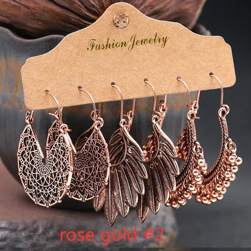 3 Pairs Women's Fashion Jewelry Vintage Bohemian Ethnic Carved Dangle Earrings for Women Charm Geometry Leaves Hoop Earring Wedding Engagement Party Banquet Earrings - WORLD TIME VISITS