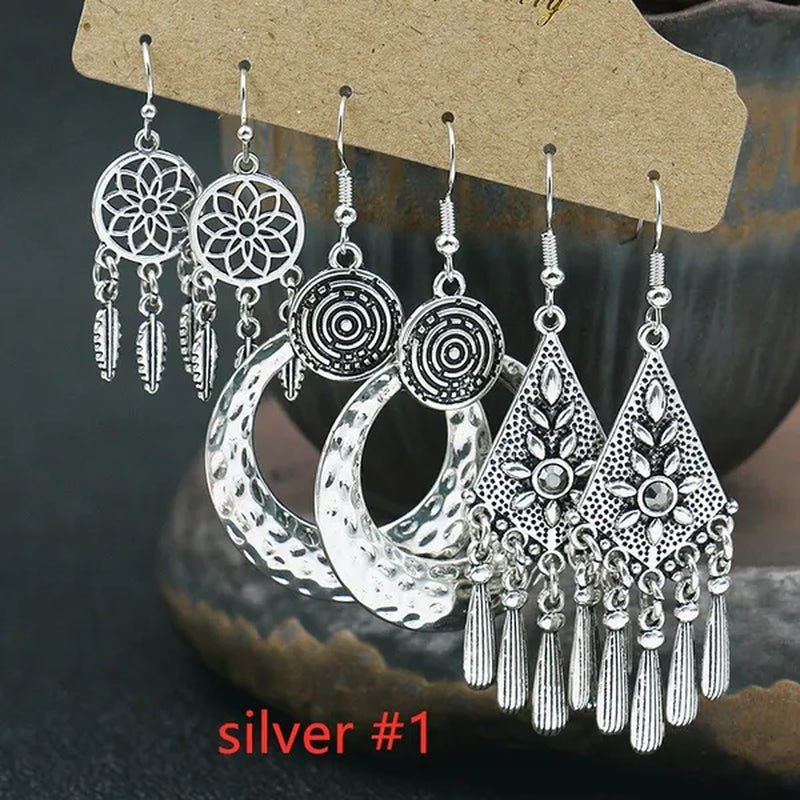 3 Pairs Women's Fashion Jewelry Vintage Bohemian Ethnic Carved Dangle Earrings for Women Charm Geometry Leaves Hoop Earring Wedding Engagement Party Banquet Earrings - WORLD TIME VISITS