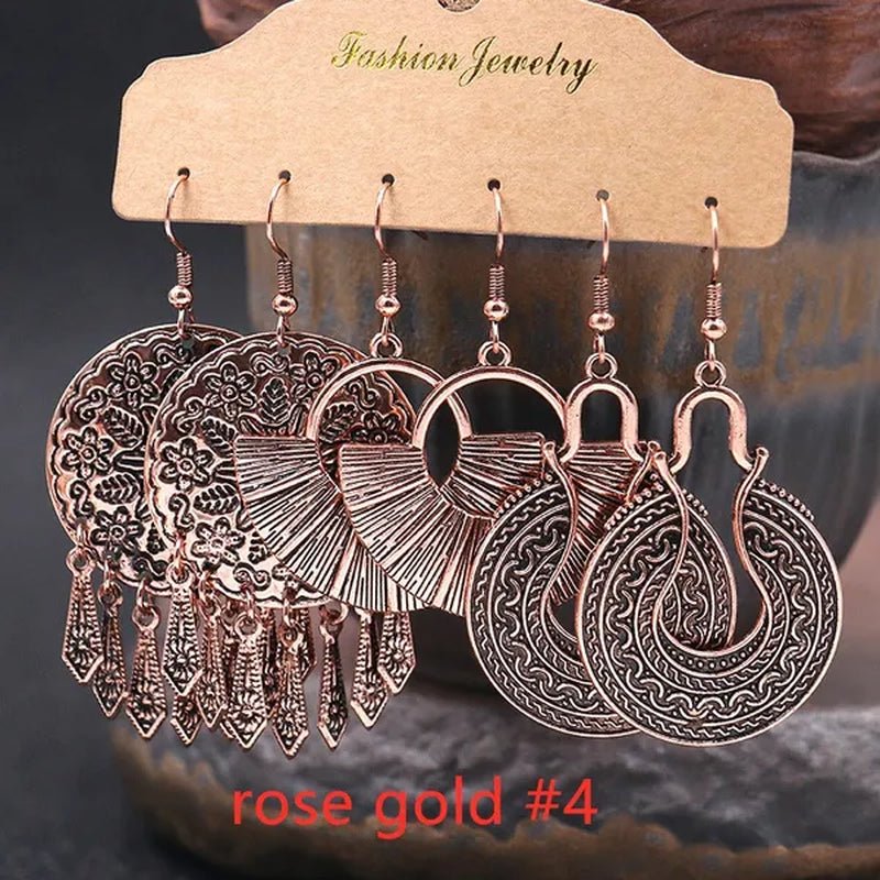 3 Pairs Women's Fashion Jewelry Vintage Bohemian Ethnic Carved Dangle Earrings for Women Charm Geometry Leaves Hoop Earring Wedding Engagement Party Banquet Earrings - WORLD TIME VISITS