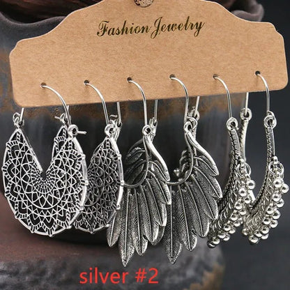 3 Pairs Women's Fashion Jewelry Vintage Bohemian Ethnic Carved Dangle Earrings for Women Charm Geometry Leaves Hoop Earring Wedding Engagement Party Banquet Earrings - WORLD TIME VISITS