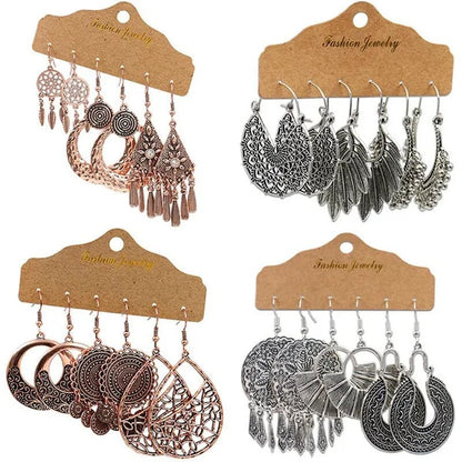 3 Pairs Women's Fashion Jewelry Vintage Bohemian Ethnic Carved Dangle Earrings for Women Charm Geometry Leaves Hoop Earring Wedding Engagement Party Banquet Earrings - WORLD TIME VISITS