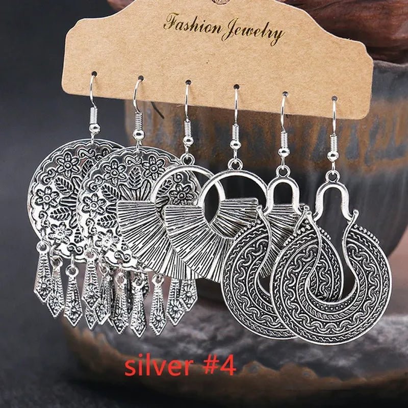 3 Pairs Women's Fashion Jewelry Vintage Bohemian Ethnic Carved Dangle Earrings for Women Charm Geometry Leaves Hoop Earring Wedding Engagement Party Banquet Earrings - WORLD TIME VISITS