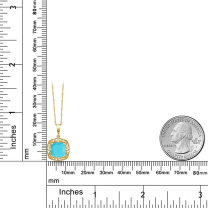 2.01 Ct Cushion Green Turquoise White Diamond 10K Yellow Gold Pendant with Chain