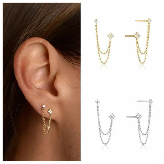 Double Ear Piercing Diamond Stud Earrings Chain Earrings for Women Wedding Party Fashion Temperament Jewelry Gift