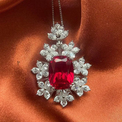 Fashion Women's 4 Prong Setting Oval Cut Ruby Pendant Side Stone Flower Lab Diamond Necklace Bridal Engagement Necklace Jewelry