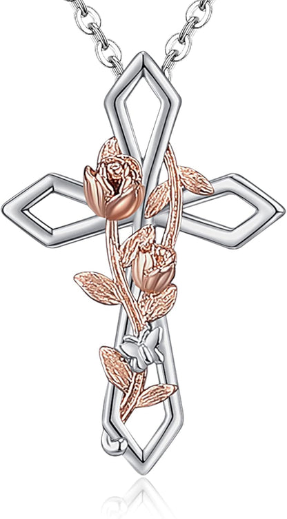 Cross Necklace for Women 925 Sterling Silver Rose/Sunflower/Lily/Daisy/Heart/Dove Cross Infinity Necklace Dainty Sunshine Love Pendant Necklaces for Your Lover 19 to 20 Inches Flexible Fit Necklace