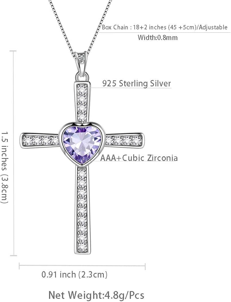 Heart Birthstone Necklace/Ring,925 Sterling Silver Women Cross/Heart 12 Birth Stones Jewelry for Birthday Gift Anniversary Wedding