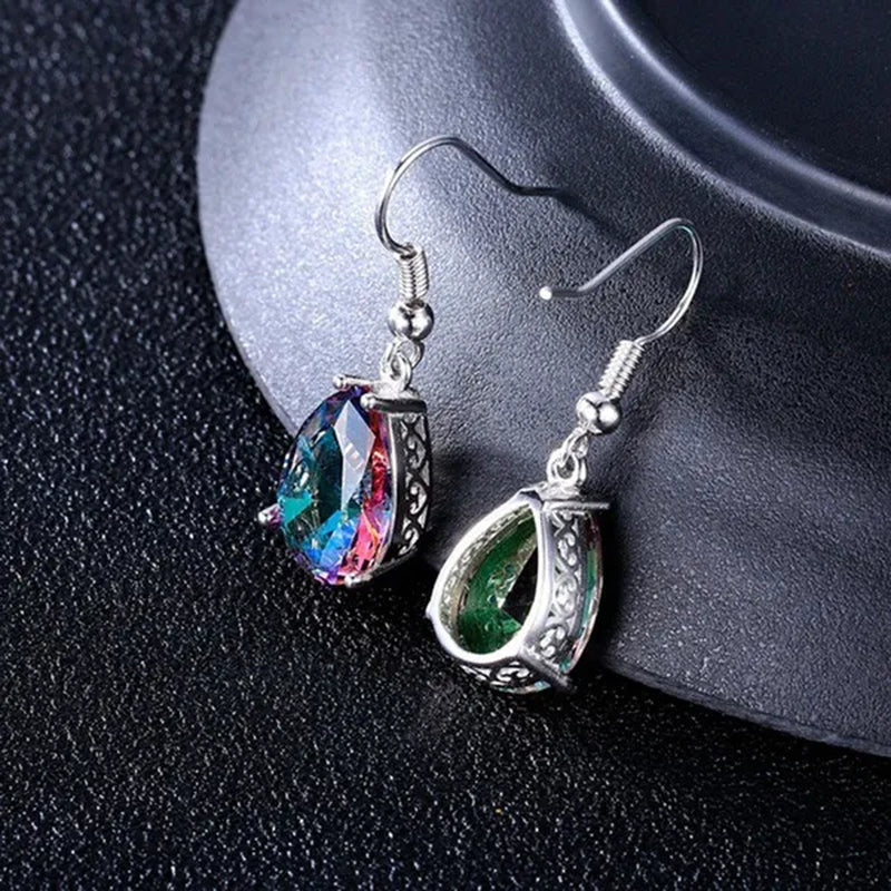 Fashion 925 Sterling Silver Mystic Rainbow Topaz Gemstone Hook Earrings Drop Earrings - WORLD TIME VISITS