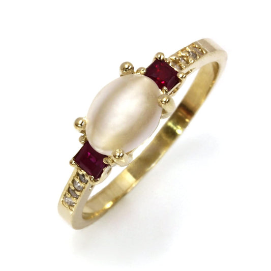 2.65 Ct Tw Natural Cabochon Moonstone, Red Ruby & Diamond Solid 14K Rose Gold 3 Stone Engagement Ring for Women 6 Mm (18K White Gold, 7.75)