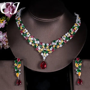CANDICE Noble Red Crystal Water Drop Pendant Necklace and Dangle Earrings Pave Multi Shape Colorful CZ Stone Women Wedding Party Dress Jewelry Set