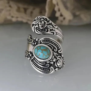 Creative Flower Rose 925 Sterling Silver Ring Europe and America Exaggerated Retro Turquoise Ring Marriage Engagement Wedding Anniversary Birthday Party Ladies Jewelry