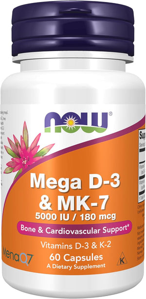 Supplements, Mega D-3 & MK-7 with Vitamins D-3 & K-2, 5,000 IU/180 Mcg, Bone & Cardiovascular Support*, 60 Veg Capsules