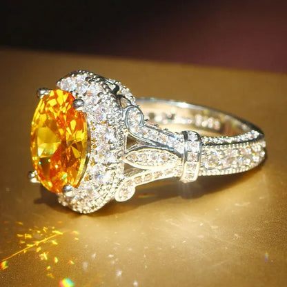 Luxurious Silver Natural Gemstones Yellow Diamond Topaz Wedding Birthstone Bride Flower Engagement Ellipse Ring Jewelry Size 678910