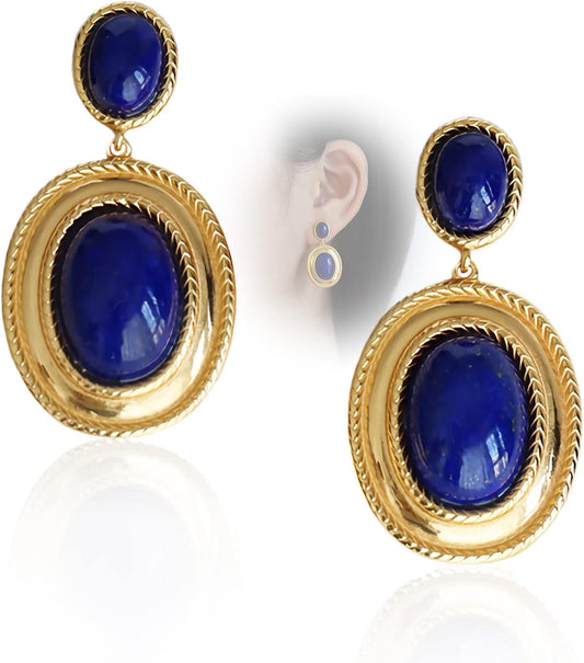 Western Lapis Lazuli Drop Dangle Earrings, Gold Plated Navy Blue Gemstone Leo December Birthstone Earrings, Vintage Elegant Accessories Gifts for Women Girls
