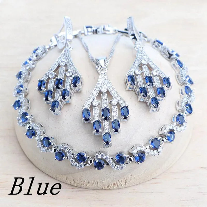 Blue/Red/Green/Purple Zircon 925 Silver Jewelry Set For Women