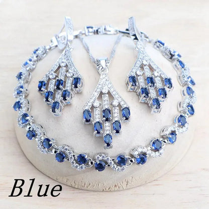 Blue/Red/Green/Purple Zircon 925 Silver Jewelry Set For Women