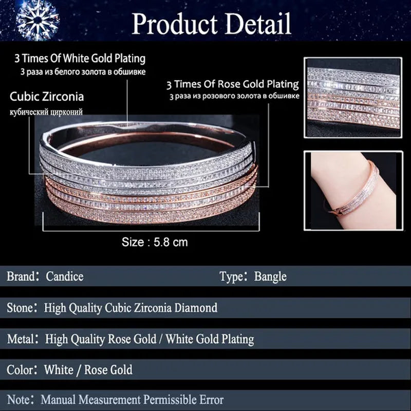 CANDICE New Fashion Simple Unisex Open Bangle Setting Sparkling CZ Stone Rose Gold & White Gold Plated Cuff Bracelet Jewelry for Women Men Couple Gift