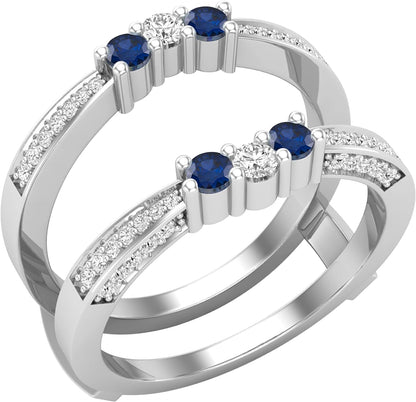 round Gemstone and White Diamond Enhancer Double Wrap Guard Anniversary Band Ring for Women in 18K White Gold (White Diamond- 0.33 CT, Color I-J, Clarity I1-I2)