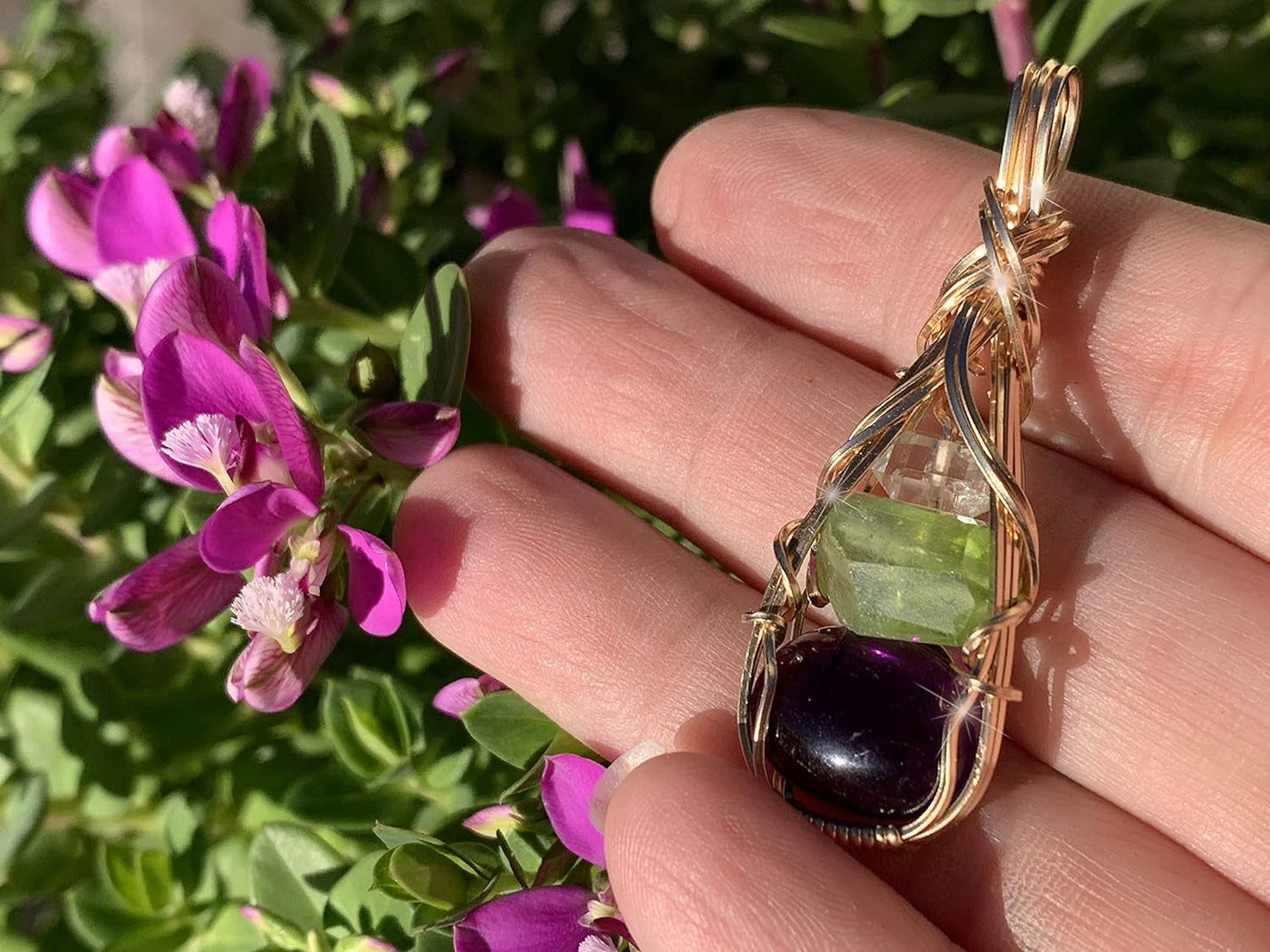 Amethyst Peridot Crystal and Herkimer Diamond Necklace Pendant Sterling Silver Detox Weight Loss Vibration Energy Dtxs1 (Gold-Filled)