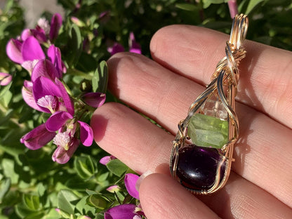 Amethyst Peridot Crystal and Herkimer Diamond Necklace Pendant Sterling Silver Detox Weight Loss Vibration Energy Dtxs1 (Gold-Filled)