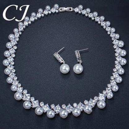 CANDICE High Quality White Gold Plating Square CZ Stone With White Pearl Luxurious Bridal Jewelry Wedding Choker Necklace and Drop Earrings Sets for Brides Dress Accessories