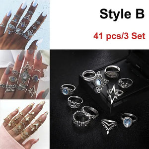 43 Pcs/3 Set Best Selling English Virgin Mary Diamond Simple Pattern Joint Ring Set Small Flower Leaf Rings For Women